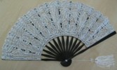 Ladies Hand Fan, White Lace with Silver Thread in Blackl Frame