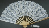 Ladies Hand Fan, White Lace with silver Thread in Natural Frame