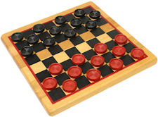 Checker pieces, red and black painted wood with board